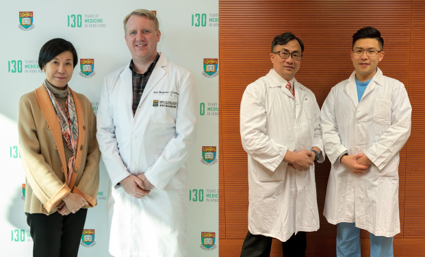(From left to right) Dr Susan Chiu, Clinical Associate Professor of the Department of Paediatrics and Adolescent Medicine, HKUMed; Professor Benjamin J Cowling, Head of Division of Epidemiology and Biostatistics, WHO Collaborating Centre of Infectious Disease Epidemiology and Control, School of Public Health, HKUMed; Dr Mike Kwan, Consultant and Dr Joshua Wong, Associate Consultant of the Department of Paediatrics and Adolescent Medicine, Princess Margaret Hospital, are among the members of the research team who conducted the research.
